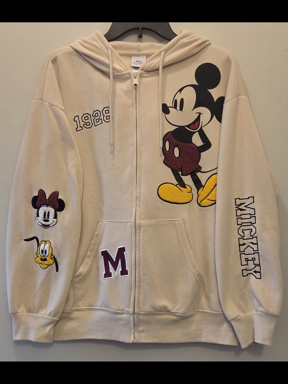 Mickey Mouse Womens Zipper Hoodie - Cream with Embroidered Accents